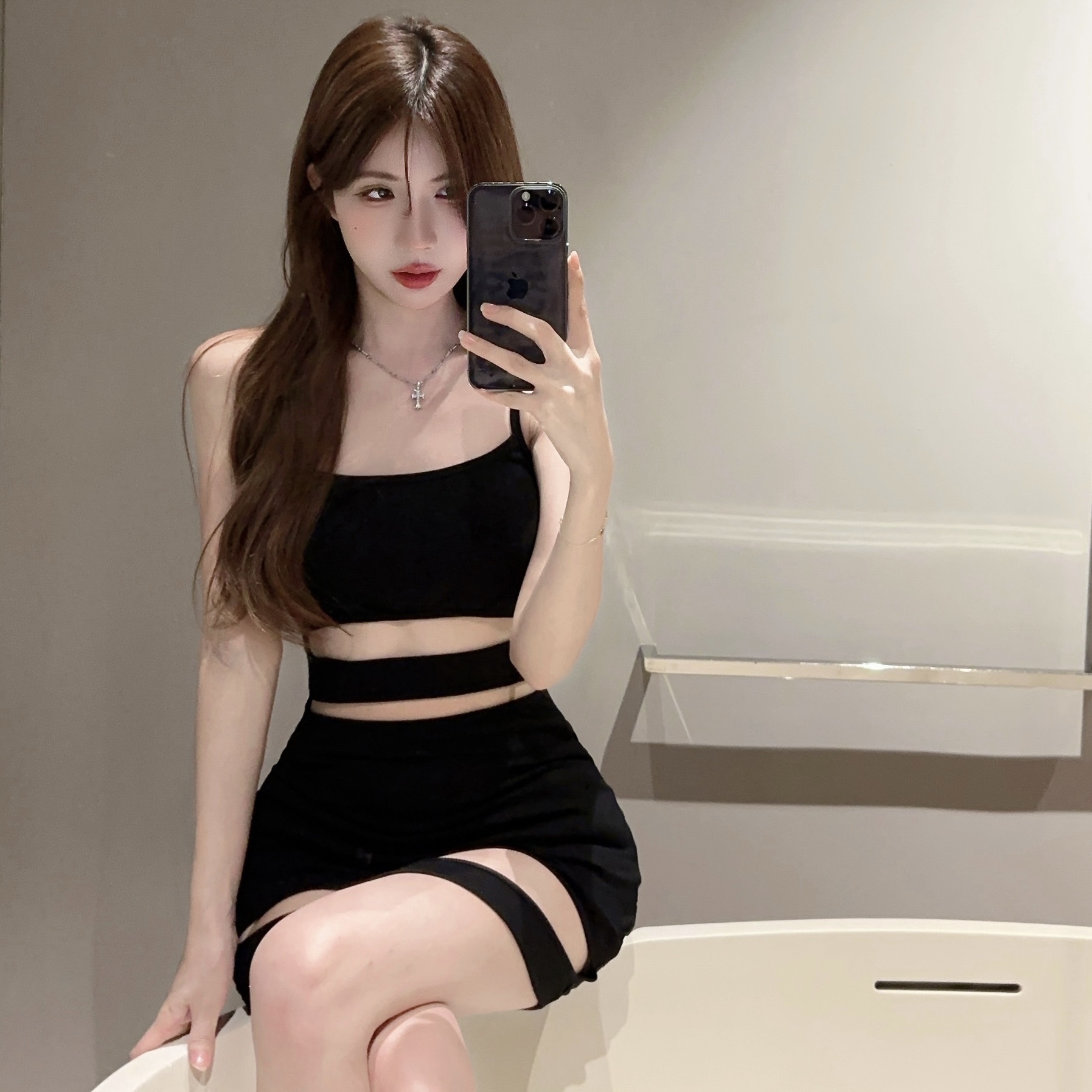 Real shot ~ hot girl black hollow waist exposed slim fit elastic hip-covering fashion sexy suspender dress for women