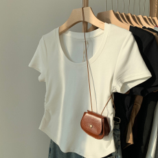 批发实价不规则下摆褶皱T恤女设计感短款小个子上衣纯色U领修身<b class='q'>打底衫</b>