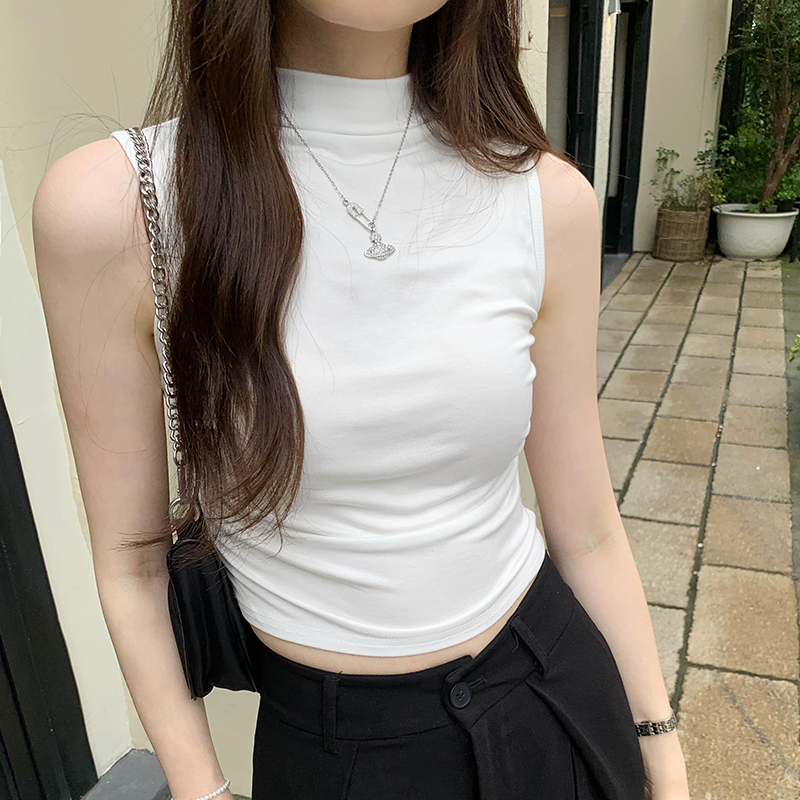 實拍圖絕美甜辣穿搭半高領收腰抽褶無袖背心女夏2024新款外穿上衣