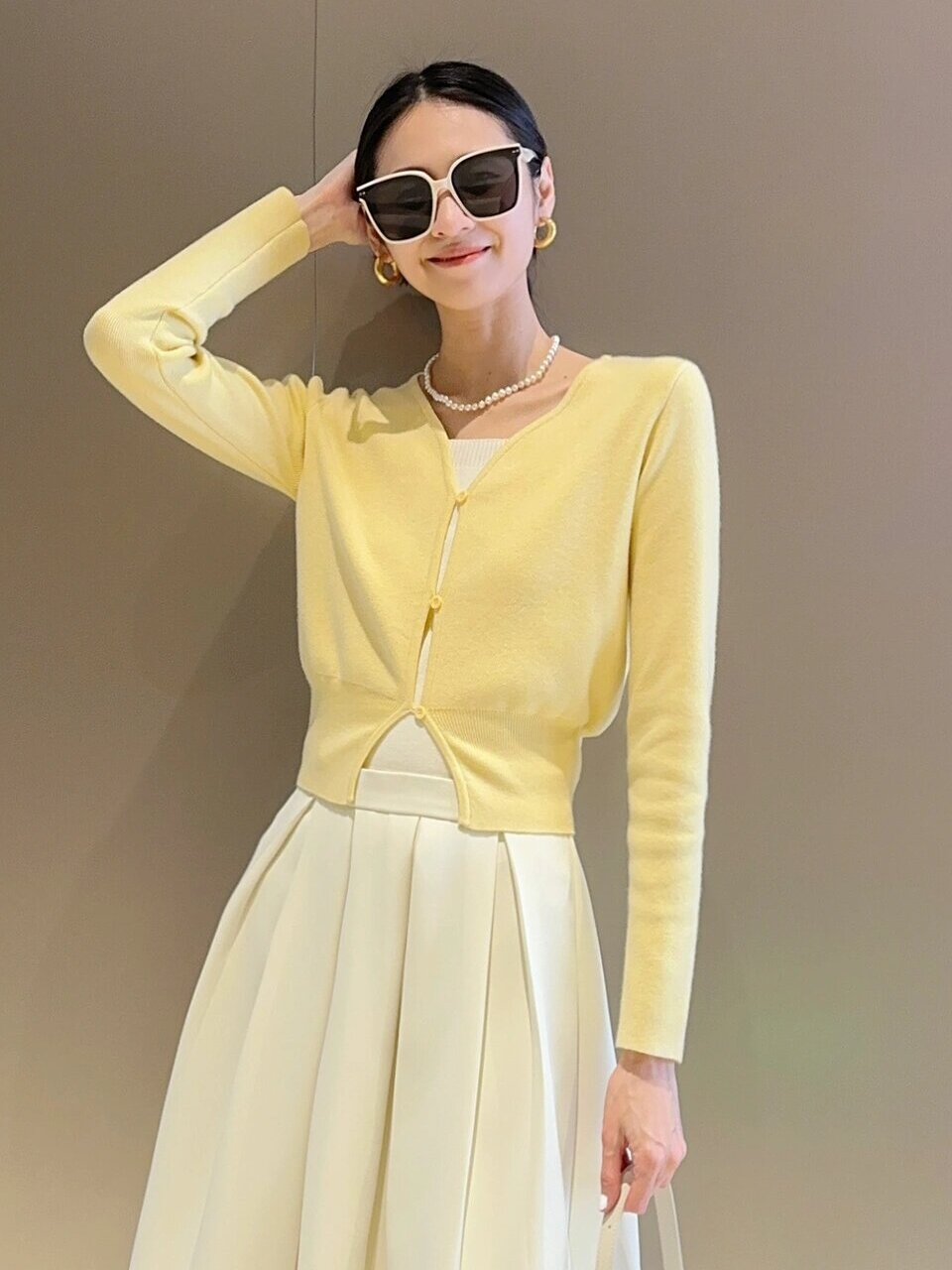 Creamy yellow knitted cardigan for women 2024 early spring new slim fit versatile thin simple short sweater jacket