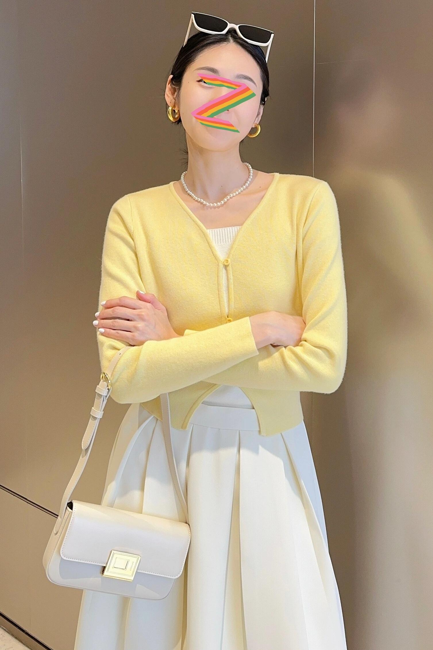 Creamy yellow knitted cardigan for women 2024 early spring new slim fit versatile thin simple short sweater jacket