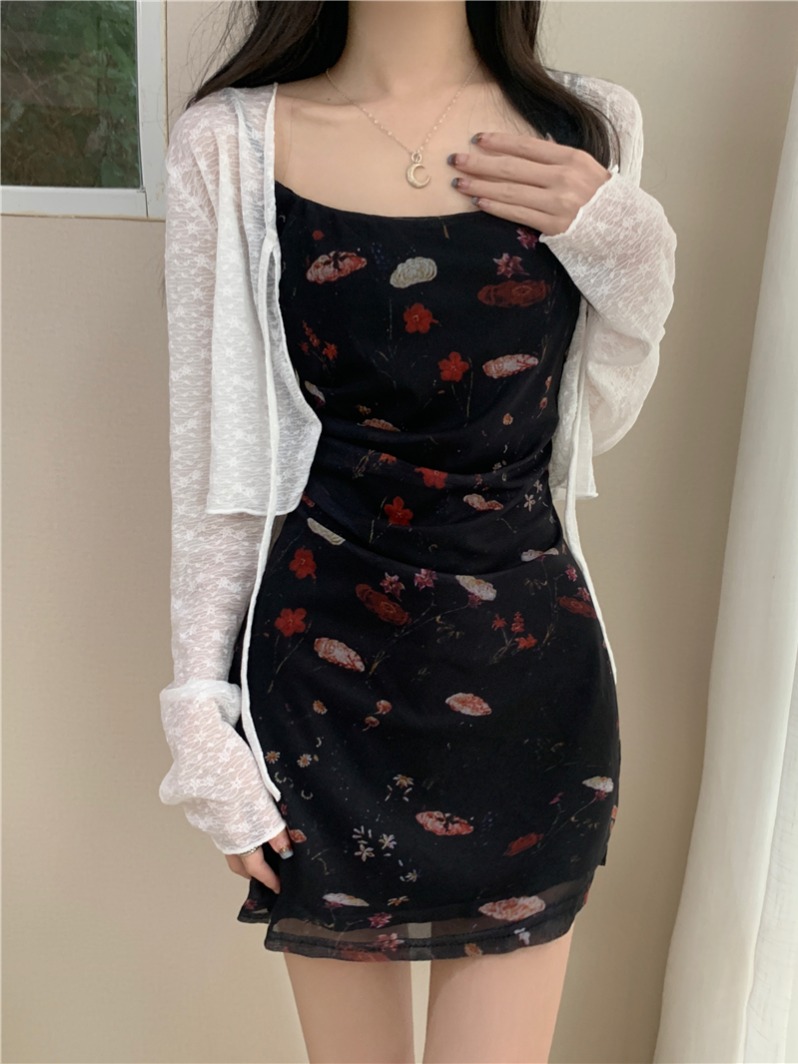 Real shot, real retro floral suspender dress for women + V-neck lace-up sun protection clothing long-sleeved cardigan