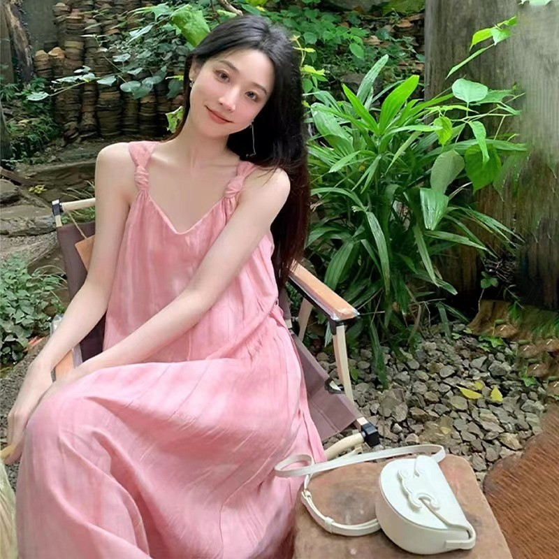 French retro temperament smudged suspender dress for women on summer seaside vacation one-shoulder pink stunning mini skirt