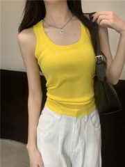 實拍  真 檸檬黃顯白工字針織背心女新款小吊帶上衣