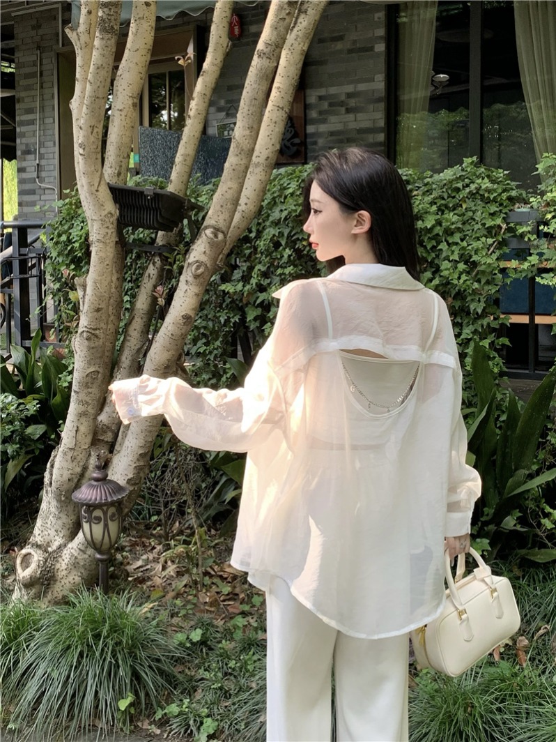 Real shot ~ Designed and personalized sun protection clothing for women in summer, long-sleeved thin shirt with a western style slightly see-through top