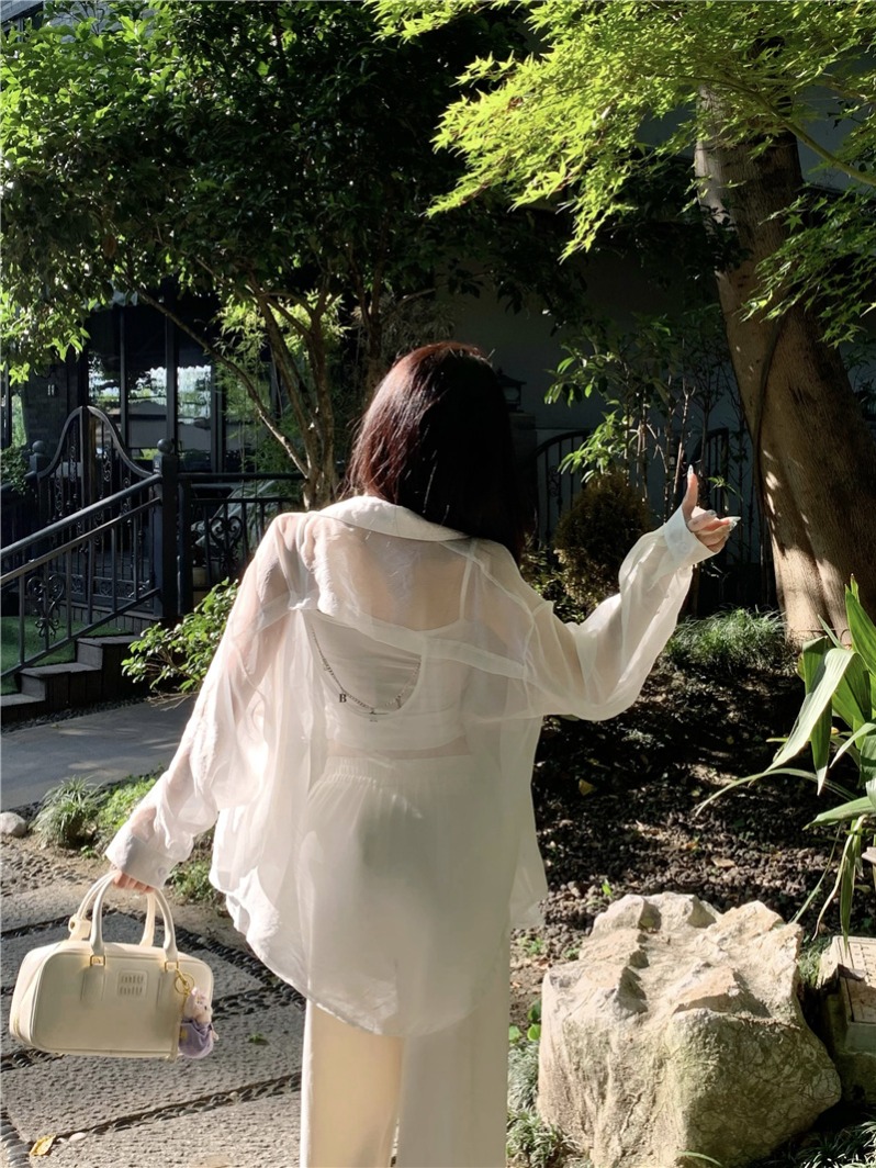 Real shot ~ Designed and personalized sun protection clothing for women in summer, long-sleeved thin shirt with a western style slightly see-through top