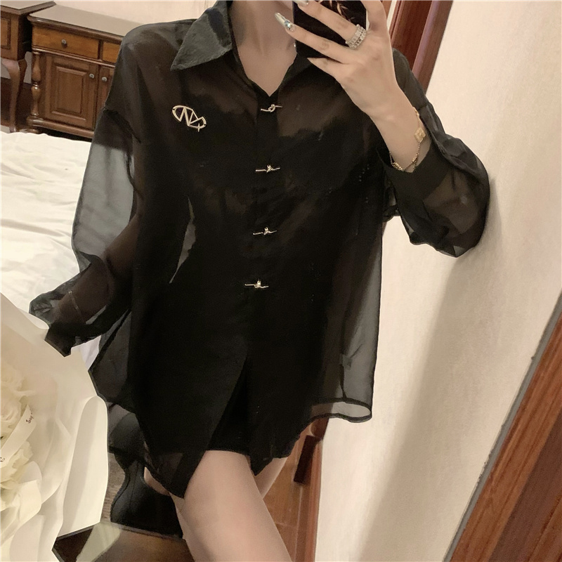 Real shot ~ Designed and personalized sun protection clothing for women in summer, long-sleeved thin shirt with a western style slightly see-through top