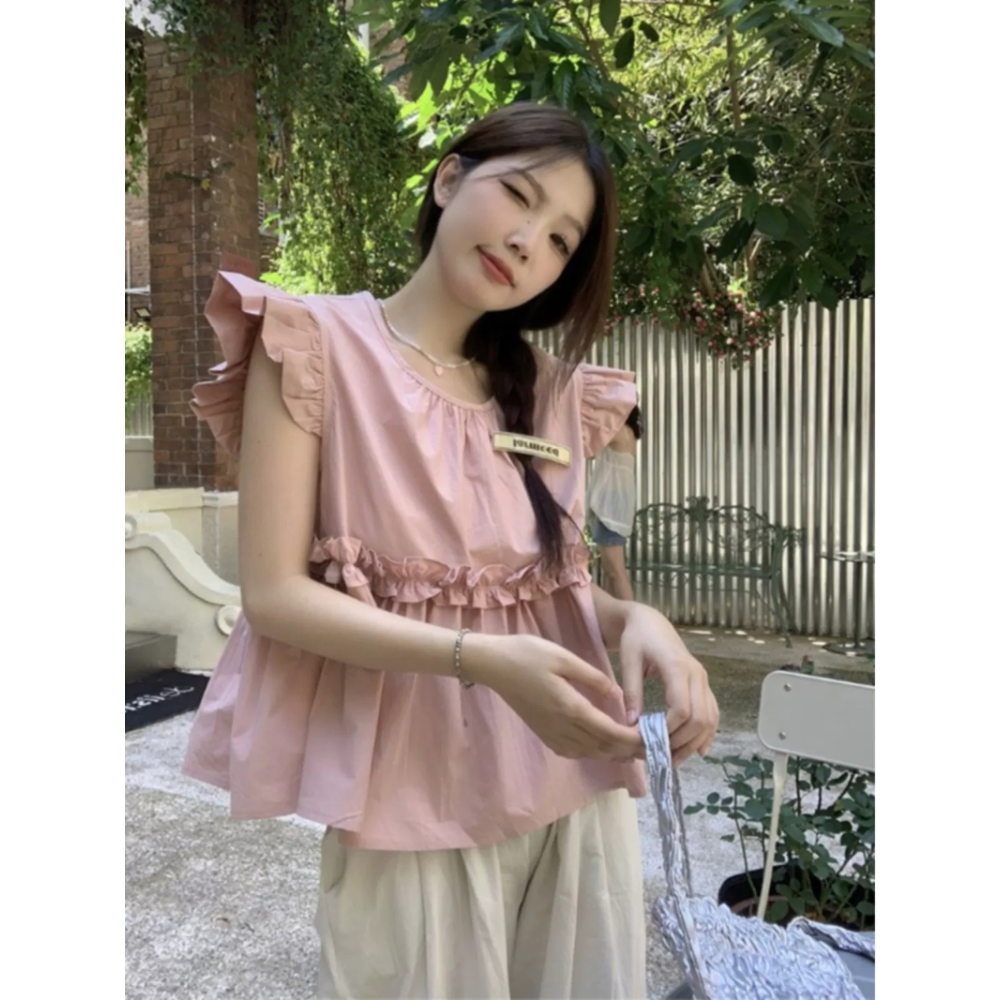 French flying sleeve shirt for women, sweet ruffled babydoll shirt, patchwork lace vest for women, summer loose round neck top