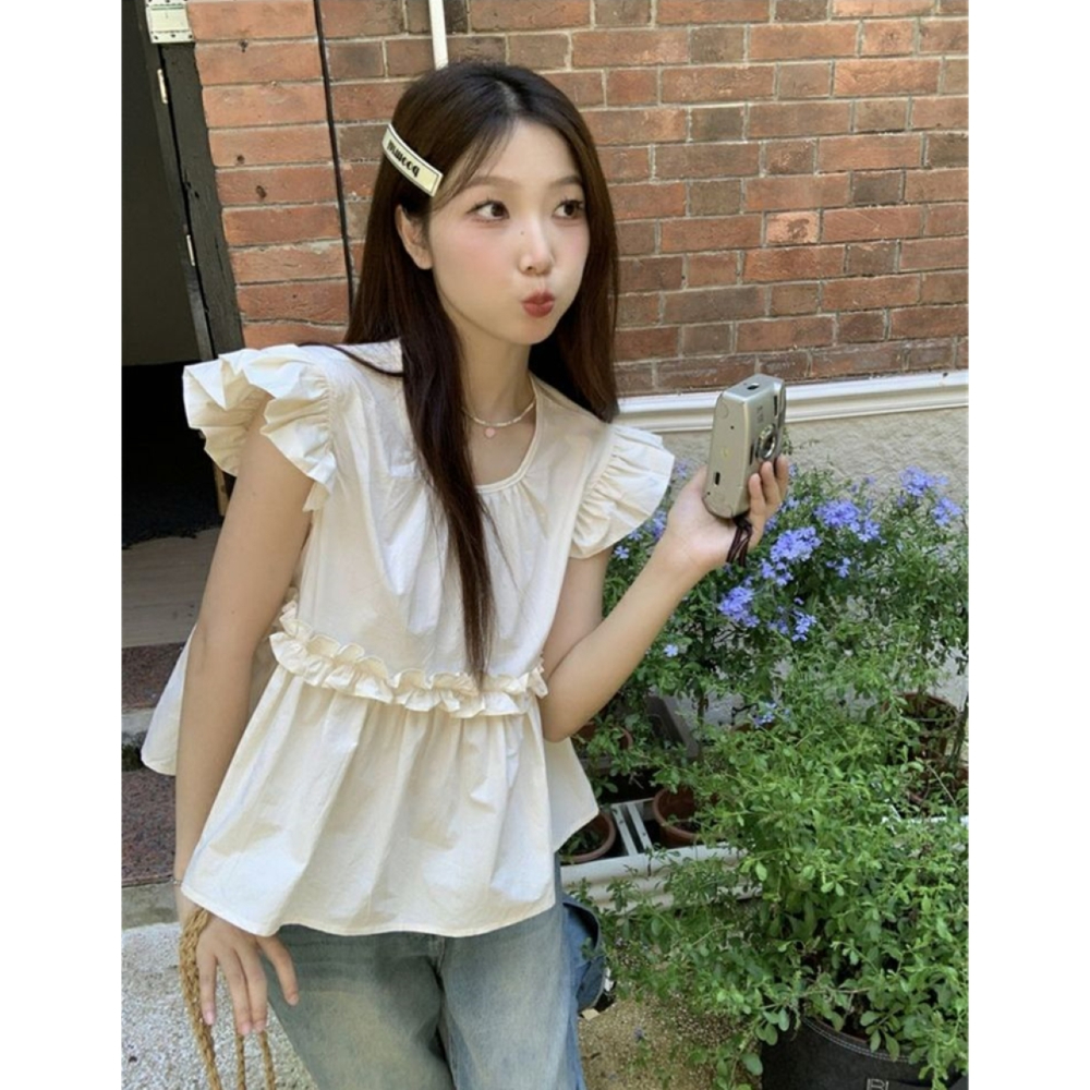 French flying sleeve shirt for women, sweet ruffled babydoll shirt, patchwork lace vest for women, summer loose round neck top