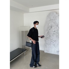 批发夏季氛围感穿搭新品凉感透气短袖男条纹镂空造型师t恤沙滩旅游潮