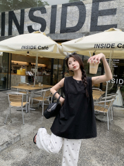 Real shot Summer girly pleated design sleeveless vest slimming top printed high-waisted wide-leg pants