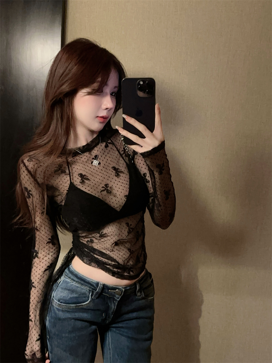 Actual shot~Sexy see-through bow polka dot mesh long-sleeved T-shirt with drawstring waist and versatile top for wear outside and inside