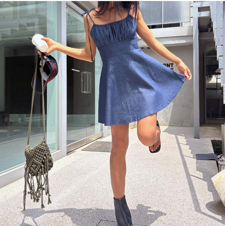 Pure lust style denim waist slimming suspender dress short skirt three colors