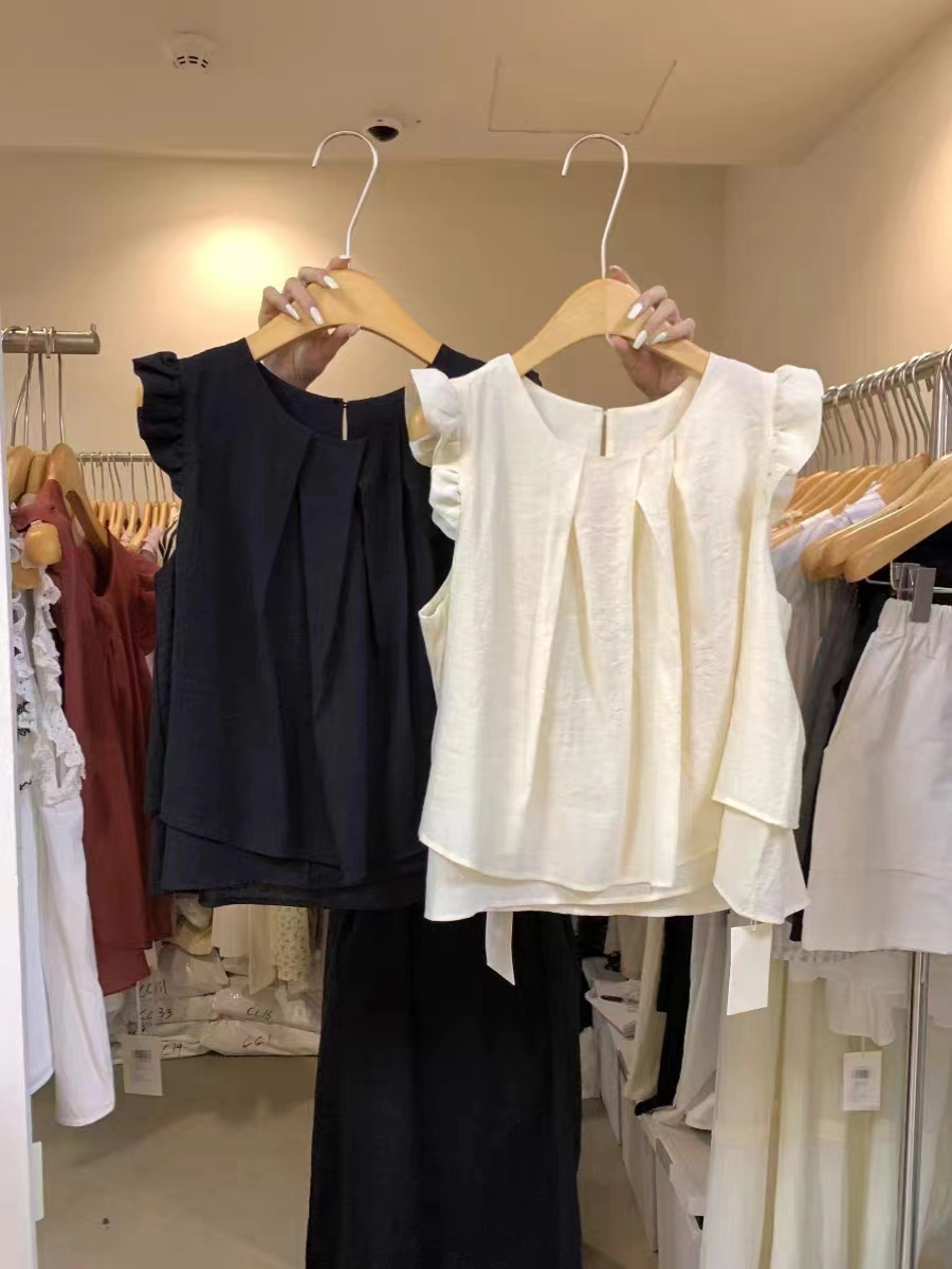 French ruffled small flying sleeve chiffon top for women summer loose slimming pleated sleeveless vest