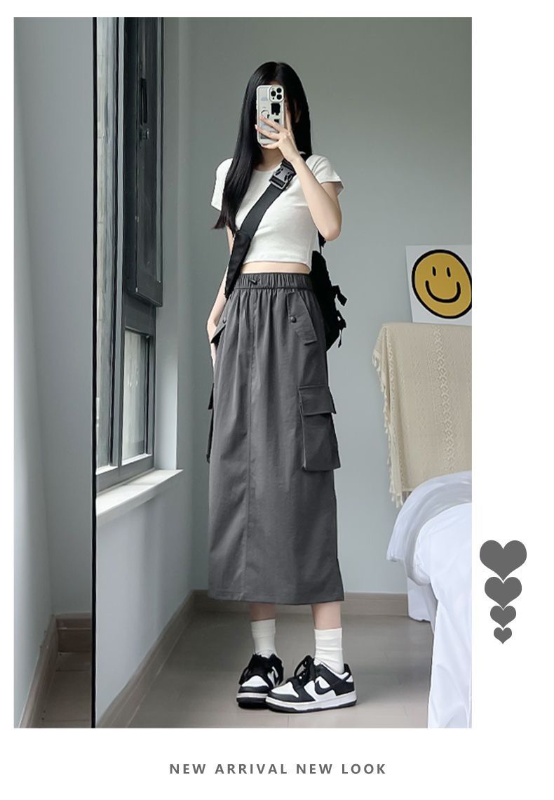 Broken card fabric American retro workwear skirt for women thin high-waisted A-line slim mid-length gray skirt