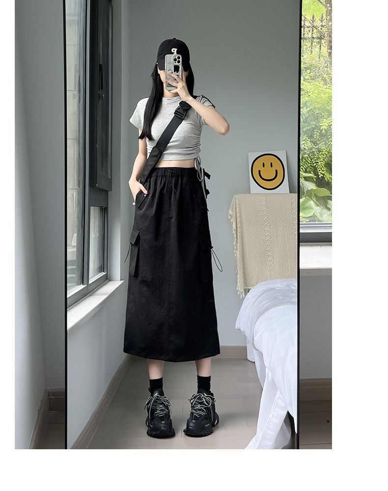 Broken card fabric American retro workwear skirt for women thin high-waisted A-line slim mid-length gray skirt