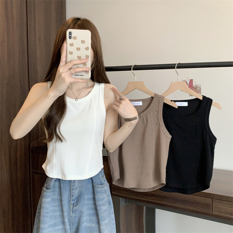 Pure cotton ribbed simple U-neck I-shaped vest for women summer Korean style design niche slim short style