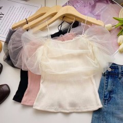 One-line neck strap T-shirt for women summer 2024 new niche petite French hot girl mesh off-shoulder short top