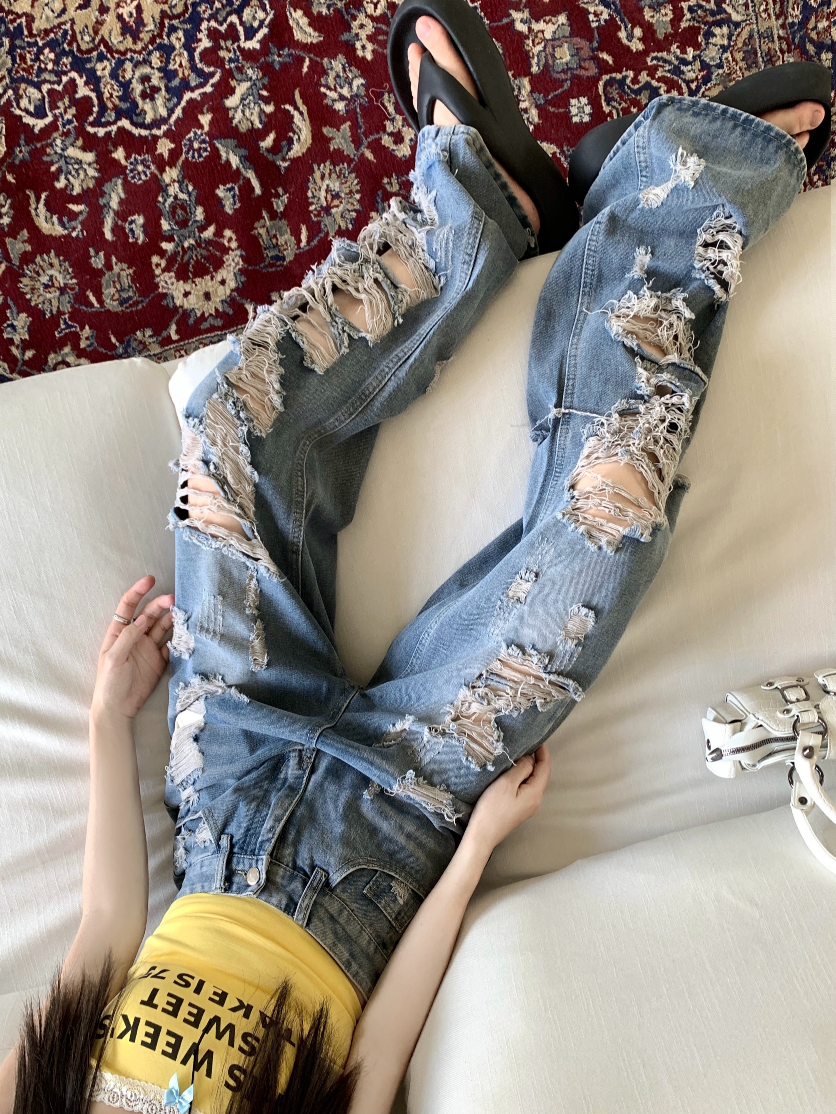 Real shot ~ Retro loose washed ripped jeans women's new straight wide leg pants