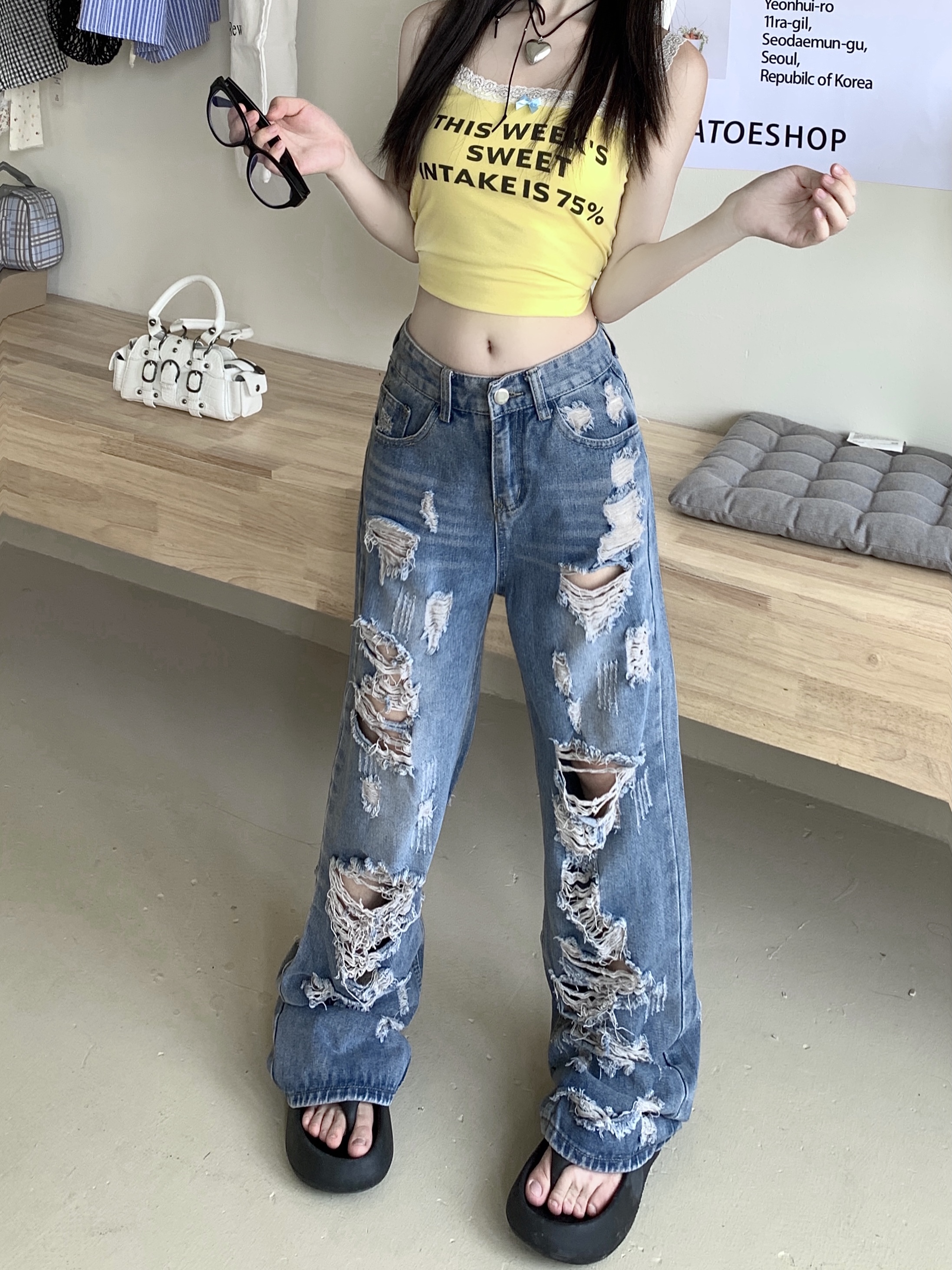 Real shot ~ Retro loose washed ripped jeans women's new straight wide leg pants