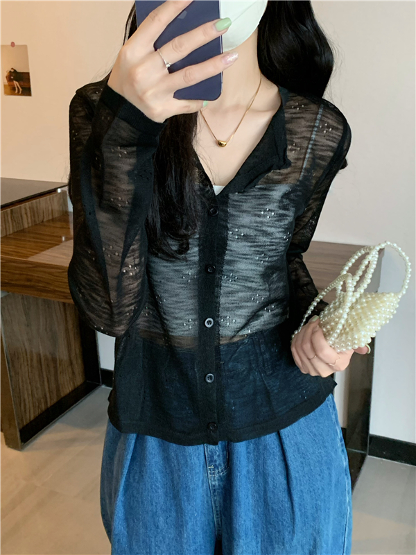 Actual shot of Korean style hollow thin sun protection sweater for women, chic loose short long-sleeved cardigan top