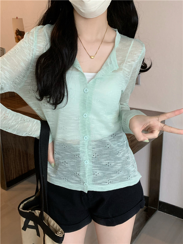 Actual shot of Korean style hollow thin sun protection sweater for women, chic loose short long-sleeved cardigan top