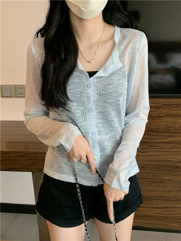 Actual shot of Korean style hollow thin sun protection sweater for women, chic loose short long-sleeved cardigan top