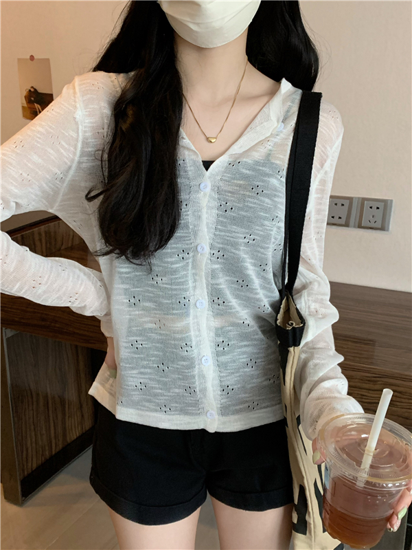 Actual shot of Korean style hollow thin sun protection sweater for women, chic loose short long-sleeved cardigan top