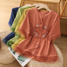 批发实拍 复古天丝麻国风刺绣衬衫女双层<b class='q'>欧根纱</b>拼接中袖开衫<b class='q'>上衣</b>薄
