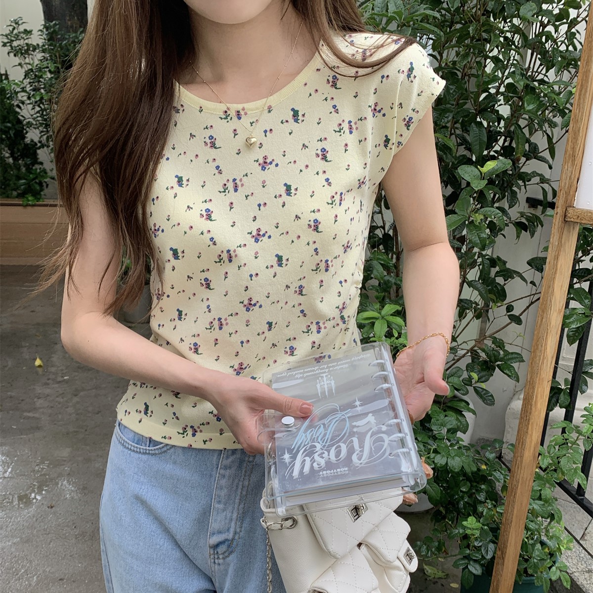 實拍 夏季韓版修身圓領田園碎花褶皺顯瘦設計感針織短袖上衣