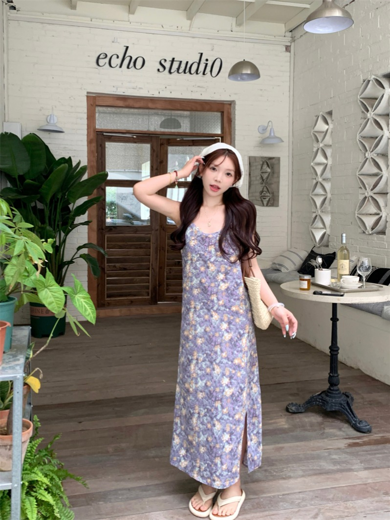 PPHOME South French fragrance~French floral suspender dress for women summer vacation style loose slit long skirt