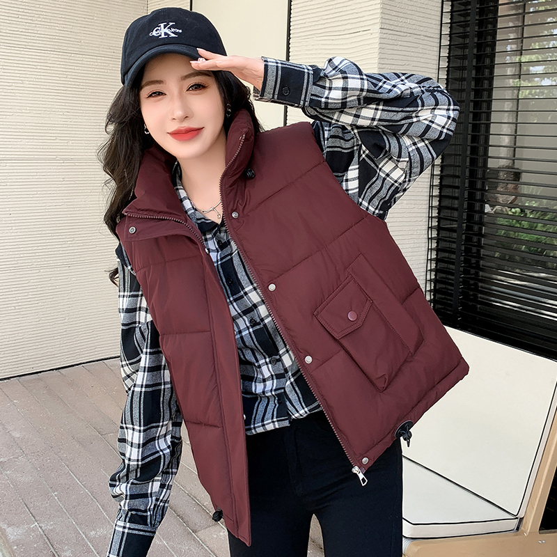 2024 Autumn and Winter Korean Style Down Cotton Vest Women's Outerwear Large Pocket Stand Collar Sleeveless Vest Thickened Warm Vest