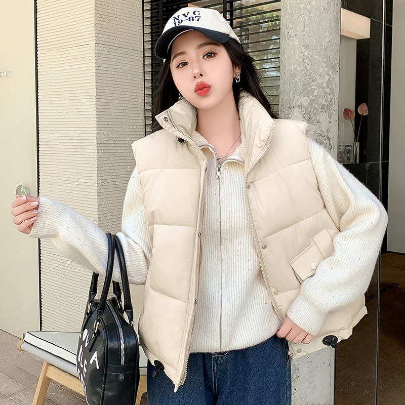 2024 Autumn and Winter Korean Style Down Cotton Vest Women's Outerwear Large Pocket Stand Collar Sleeveless Vest Thickened Warm Vest