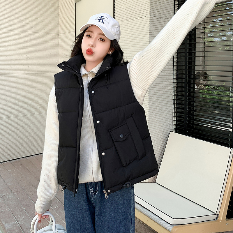 2024 Autumn and Winter Korean Style Down Cotton Vest Women's Outerwear Large Pocket Stand Collar Sleeveless Vest Thickened Warm Vest