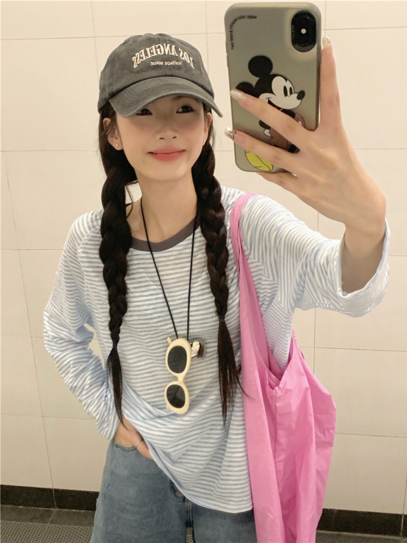 Real shot Contrast color collar casual loose striped loose long-sleeved T-shirt sun protection cover-up