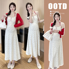 批发实拍xian货孕妇夏季时尚<b class='q'>百搭</b>绑带碎花吊带裙+红色防晒开衫两件套