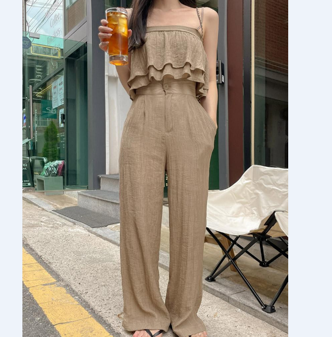 LN39989# 韩范荷叶边吊带背心休闲裤两件套装 服裝批發女裝批發服飾貨源