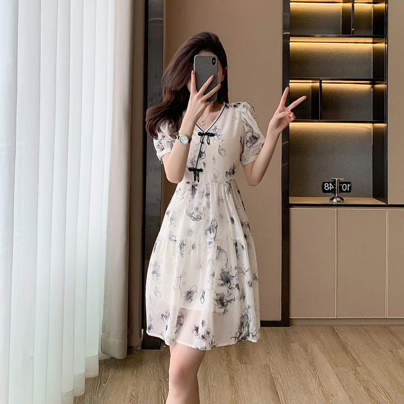MY2052# 新中式改良旗袍女年轻夏季日常国风水墨画盘扣连衣裙女女裝貨源服裝批發