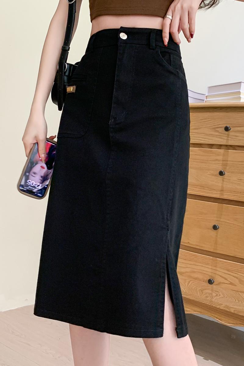 Real shot of summer large size loose stretch denim skirt for fat girls, slimming mid-length A-line skirt