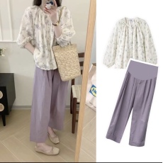 批发春夏孕妇装 碎花泡泡袖<b class='q'>雪纺</b>衬衫 宽松<b class='q'>蕾丝</b>刺绣上衣搭配阔腿裤套装