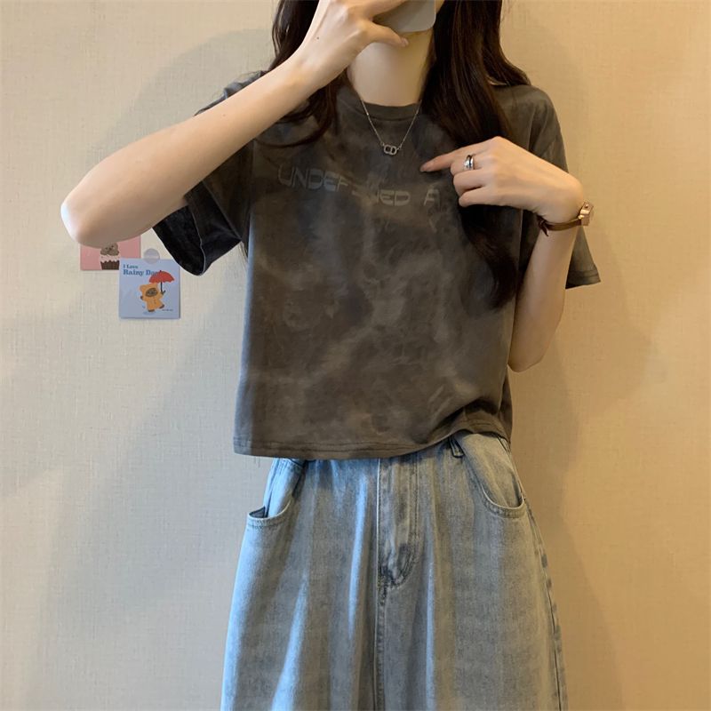 Already shipped American retro tie-dye short-sleeved right-shoulder letter-printed loose T-shirt