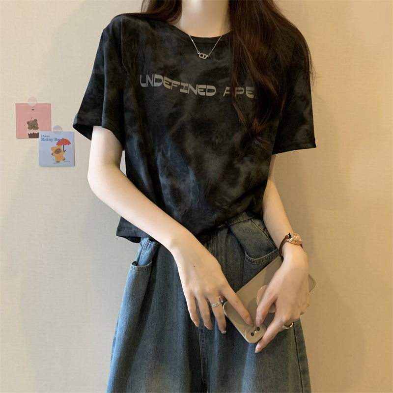 Already shipped American retro tie-dye short-sleeved right-shoulder letter-printed loose T-shirt