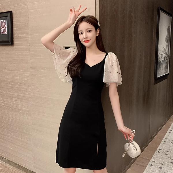 Black side slit dress for women 2024 new waist slimming skirt sexy temperament summer goddess style