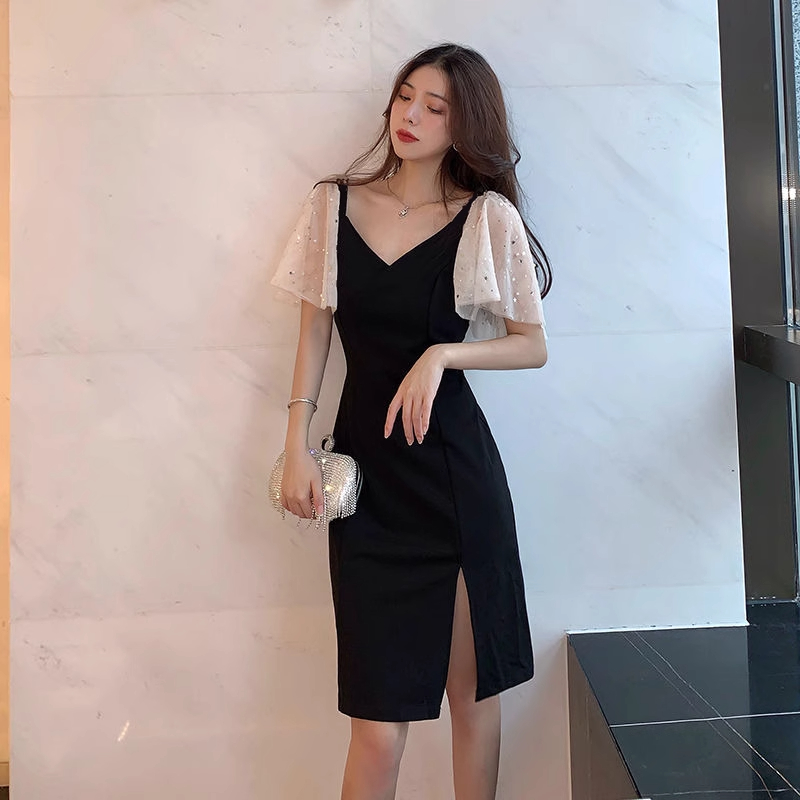 Black side slit dress for women 2024 new waist slimming skirt sexy temperament summer goddess style