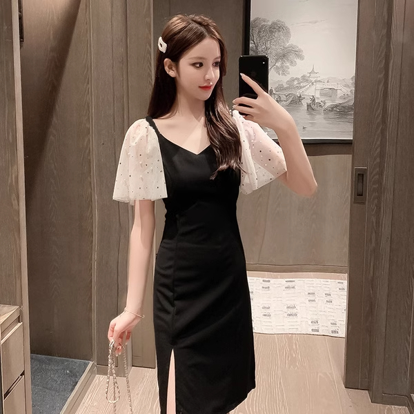 Black side slit dress for women 2024 new waist slimming skirt sexy temperament summer goddess style