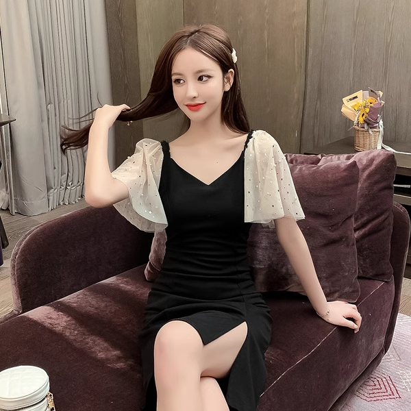 Black side slit dress for women 2024 new waist slimming skirt sexy temperament summer goddess style