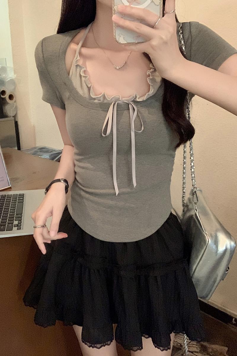 Actual shot of 260g threaded air layer short-sleeved T-shirt 2024 summer short trendy fake two-piece slim halterneck Korean top
