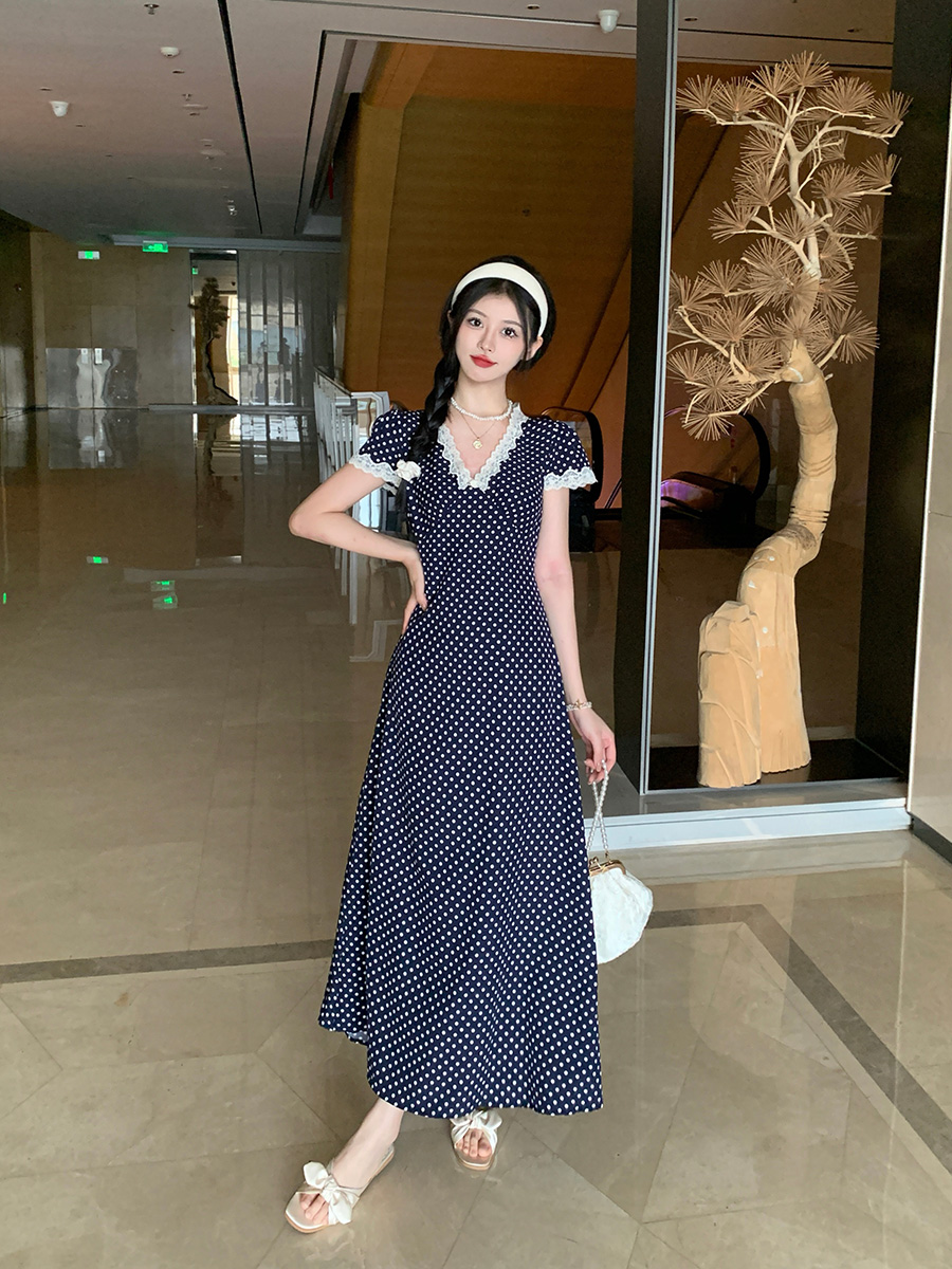실사 빅 사이즈 여성 의류 레트로 패치워크 레이스 V넥 품격 드레스 지방 mm 도트 무늬 프린트 반팔 롱 스커트