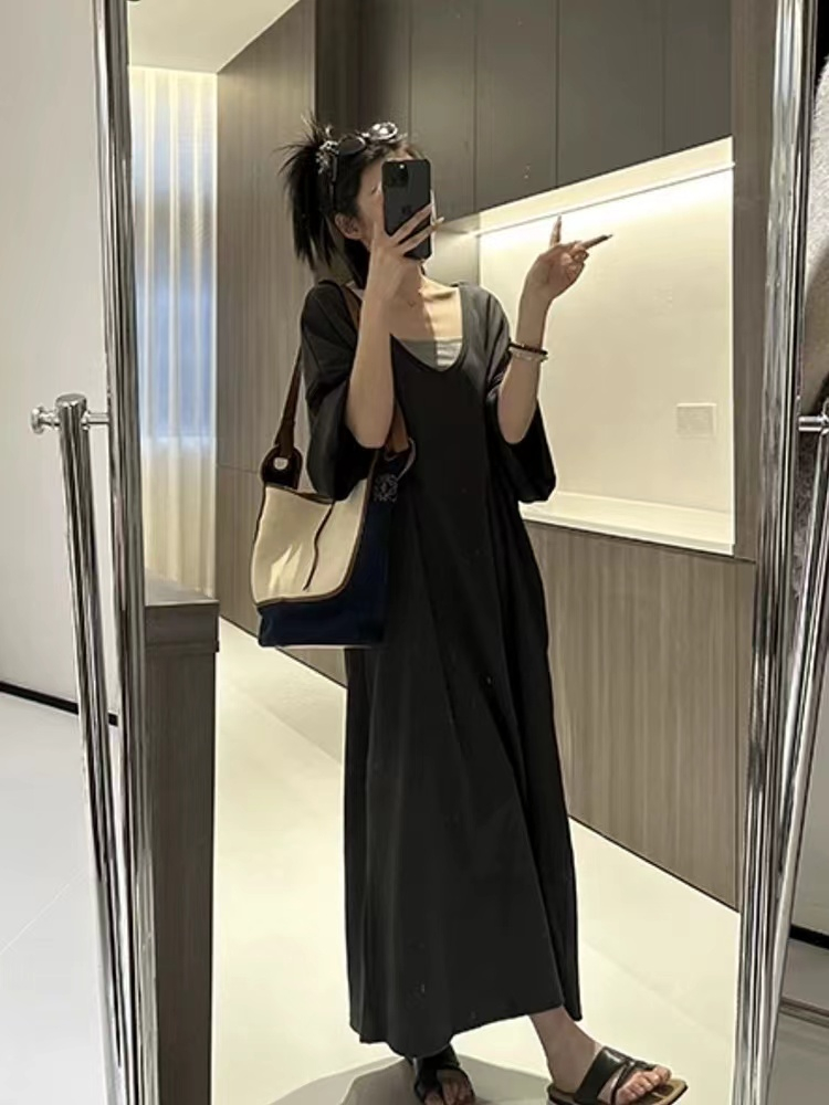 French lazy style v-neck long dress for women in spring and summer loose large version with slimming high-end niche skirt