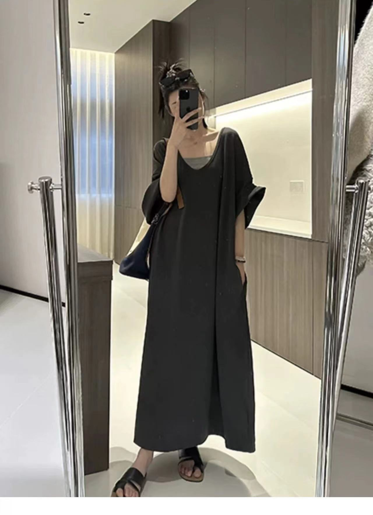 French lazy style v-neck long dress for women in spring and summer loose large version with slimming high-end niche skirt